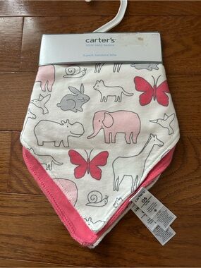 Carter’s Pink Animal, Love, Hearts Print Bandana Bibs - 3 Pack NWT